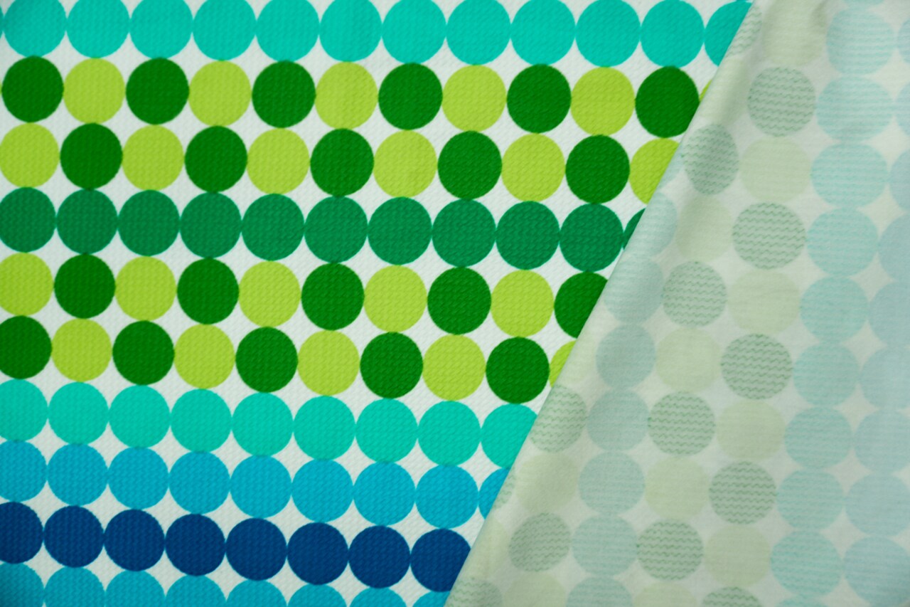 Green-Blue-White Poly Dot Print Liverpool Double Knit Fabric By the Yard